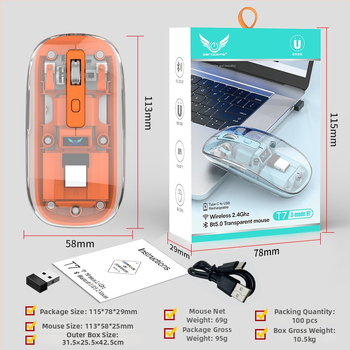 Безжична мишка T7 — тиха, презареждаща, 2400 DPI, 4 бутона, Bluetooth 2.4 GHz, обхват до 10 м