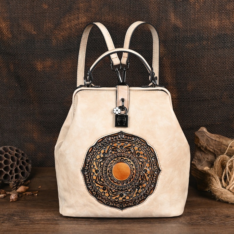 Ženski ruksak u urbanom jednostavnom stilu s embossiranim vintage dizajnom, PU materijal (PU materijal, urban stil, Draasher kopča, unutarnji džepovi, vodootporan)