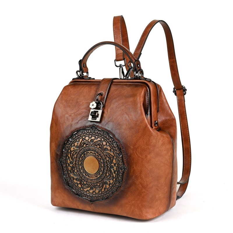 Ženski ruksak u urbanom jednostavnom stilu s embossiranim vintage dizajnom, PU materijal (PU materijal, urban stil, Draasher kopča, unutarnji džepovi, vodootporan)