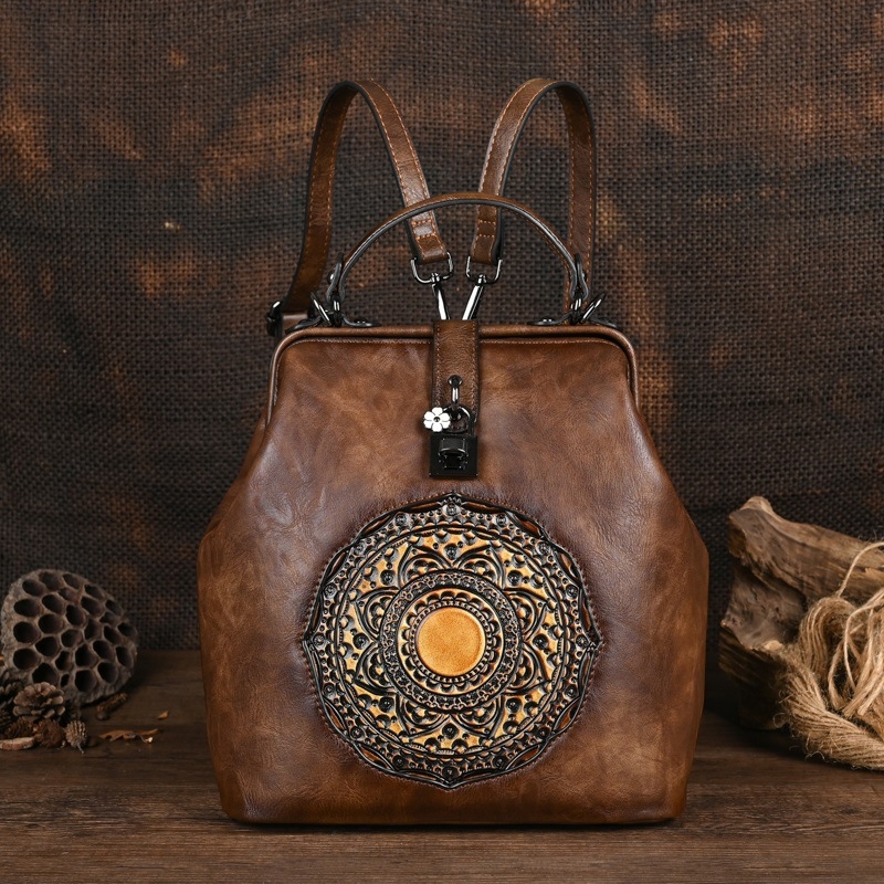Ženski ruksak u urbanom jednostavnom stilu s embossiranim vintage dizajnom, PU materijal (PU materijal, urban stil, Draasher kopča, unutarnji džepovi, vodootporan)