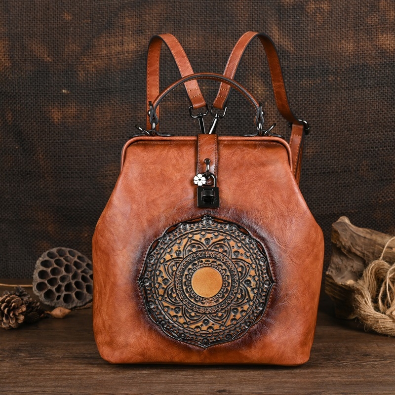 Ženski ruksak u urbanom jednostavnom stilu s embossiranim vintage dizajnom, PU materijal (PU materijal, urban stil, Draasher kopča, unutarnji džepovi, vodootporan)