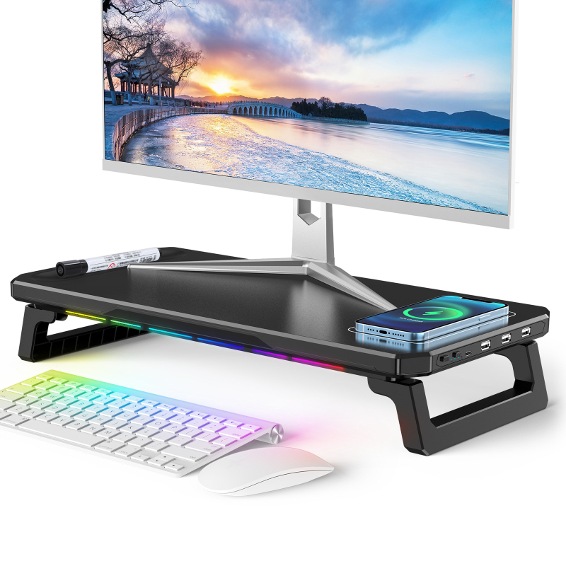 Стойка за монитор с HUB USB-C и безжично зареждане, регулируема височина в две нива, ергономична настолна стойка за лаптоп BT109