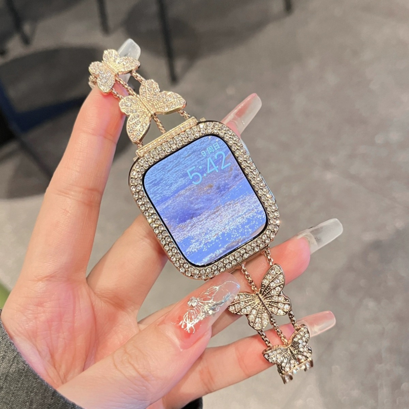 Wenjing metalni kaiš za Apple Watch Series 7/8 s leptir-lancom i dijamantima, Chanel stil, tročlani dizajn
