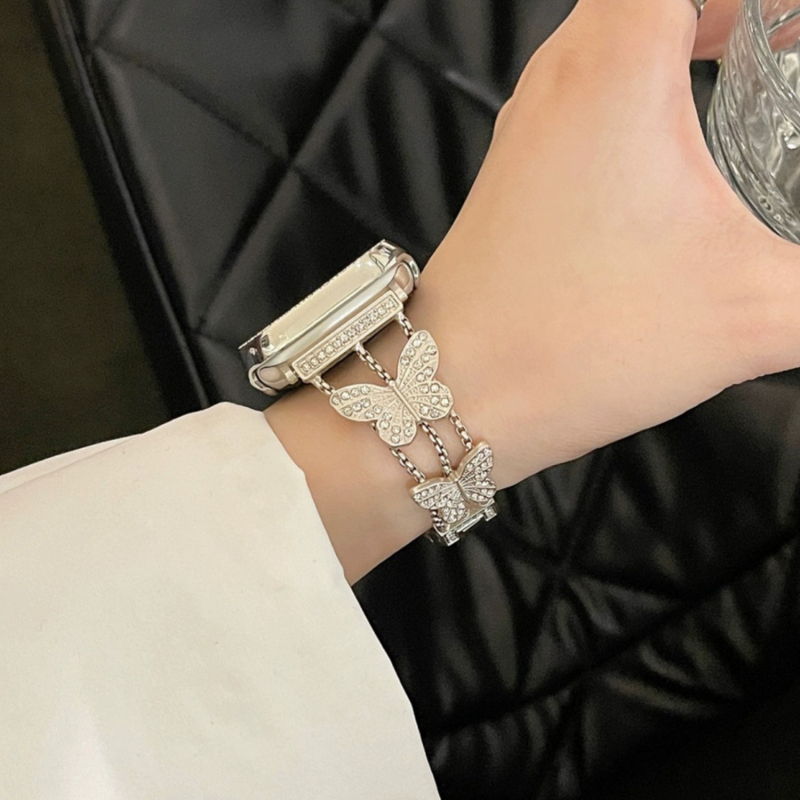 Wenjing metalni kaiš za Apple Watch Series 7/8 s leptir-lancom i dijamantima, Chanel stil, tročlani dizajn