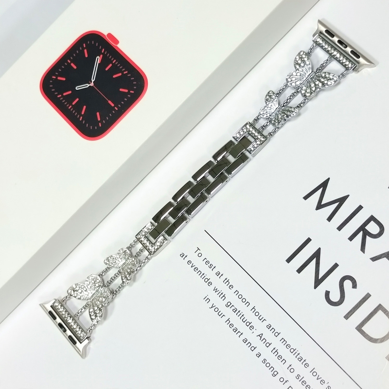 Wenjing metalni kaiš za Apple Watch Series 7/8 s leptir-lancom i dijamantima, Chanel stil, tročlani dizajn