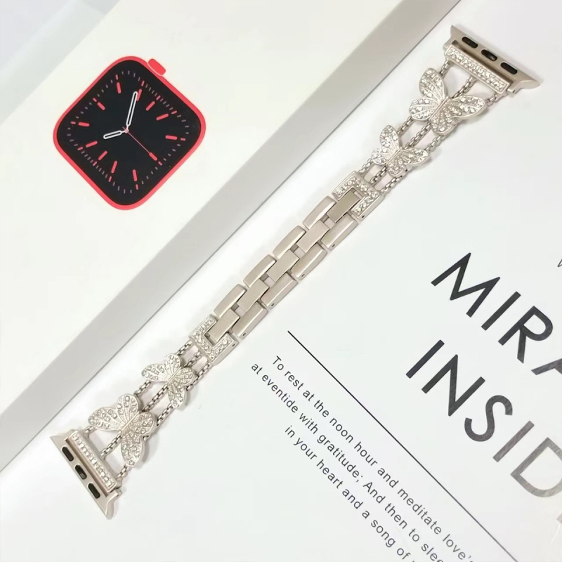 Wenjing metalni kaiš za Apple Watch Series 7/8 s leptir-lancom i dijamantima, Chanel stil, tročlani dizajn