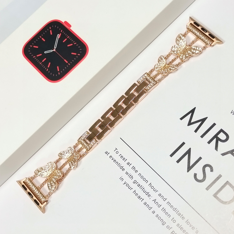 Wenjing metalni kaiš za Apple Watch Series 7/8 s leptir-lancom i dijamantima, Chanel stil, tročlani dizajn