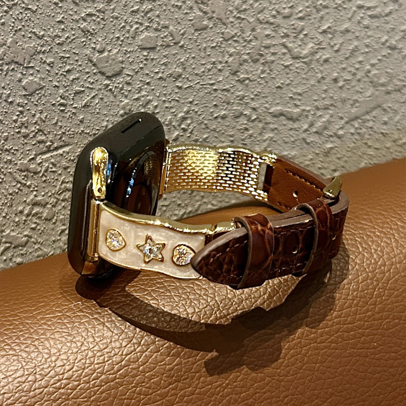 Apple Watch szíj valódi bőrből, csillag gyémánt díszítés, fémes kialakítás, tűs csatok, kompatibilis az Apple Watch-cel