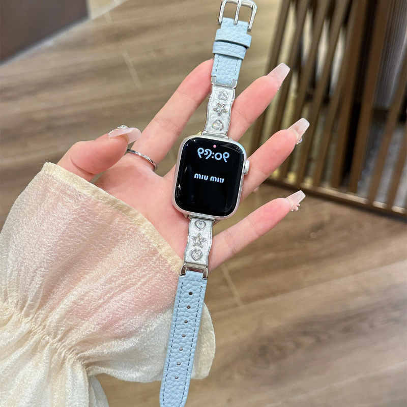 Apple Watch szíj valódi bőrből, csillag gyémánt díszítés, fémes kialakítás, tűs csatok, kompatibilis az Apple Watch-cel