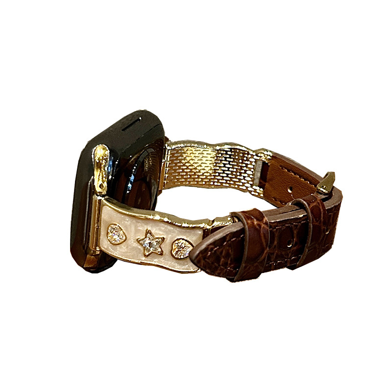 Apple Watch szíj valódi bőrből, csillag gyémánt díszítés, fémes kialakítás, tűs csatok, kompatibilis az Apple Watch-cel