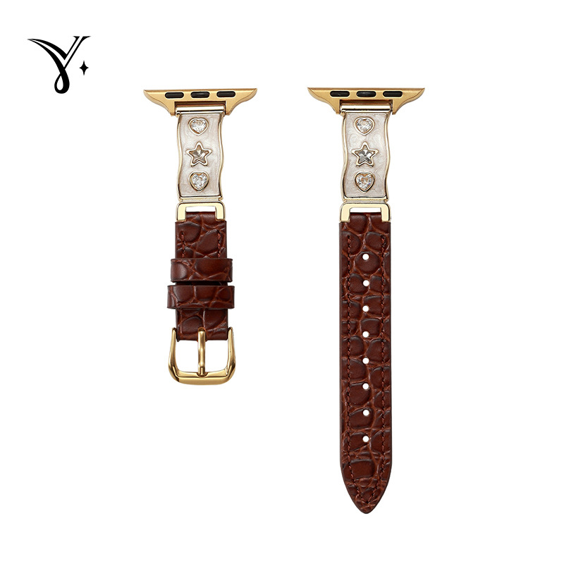 Apple Watch szíj valódi bőrből, csillag gyémánt díszítés, fémes kialakítás, tűs csatok, kompatibilis az Apple Watch-cel