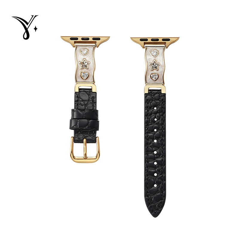 Apple Watch szíj valódi bőrből, csillag gyémánt díszítés, fémes kialakítás, tűs csatok, kompatibilis az Apple Watch-cel