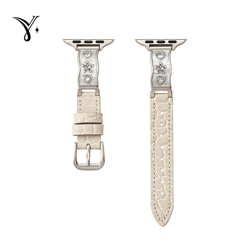 Apple Watch szíj valódi bőrből, csillag gyémánt díszítés, fémes kialakítás, tűs csatok, kompatibilis az Apple Watch-cel