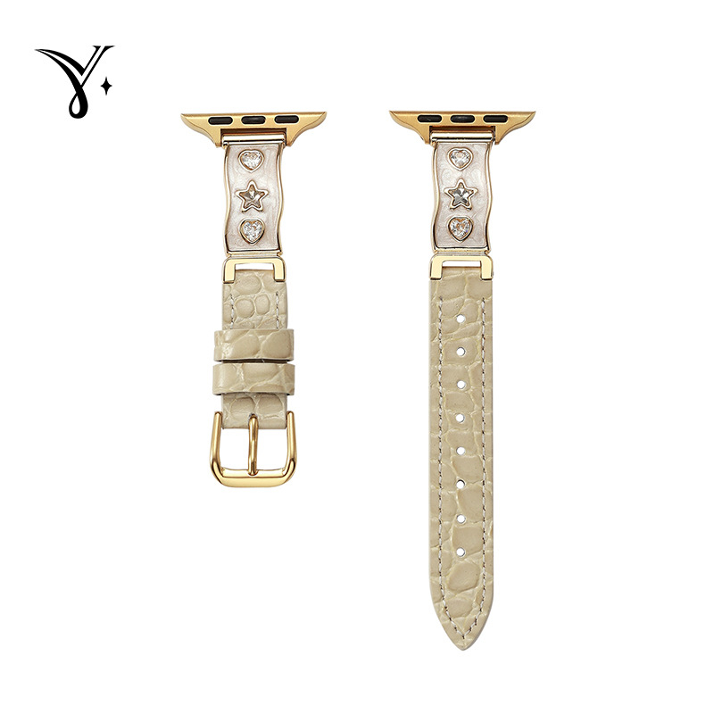 Apple Watch szíj valódi bőrből, csillag gyémánt díszítés, fémes kialakítás, tűs csatok, kompatibilis az Apple Watch-cel