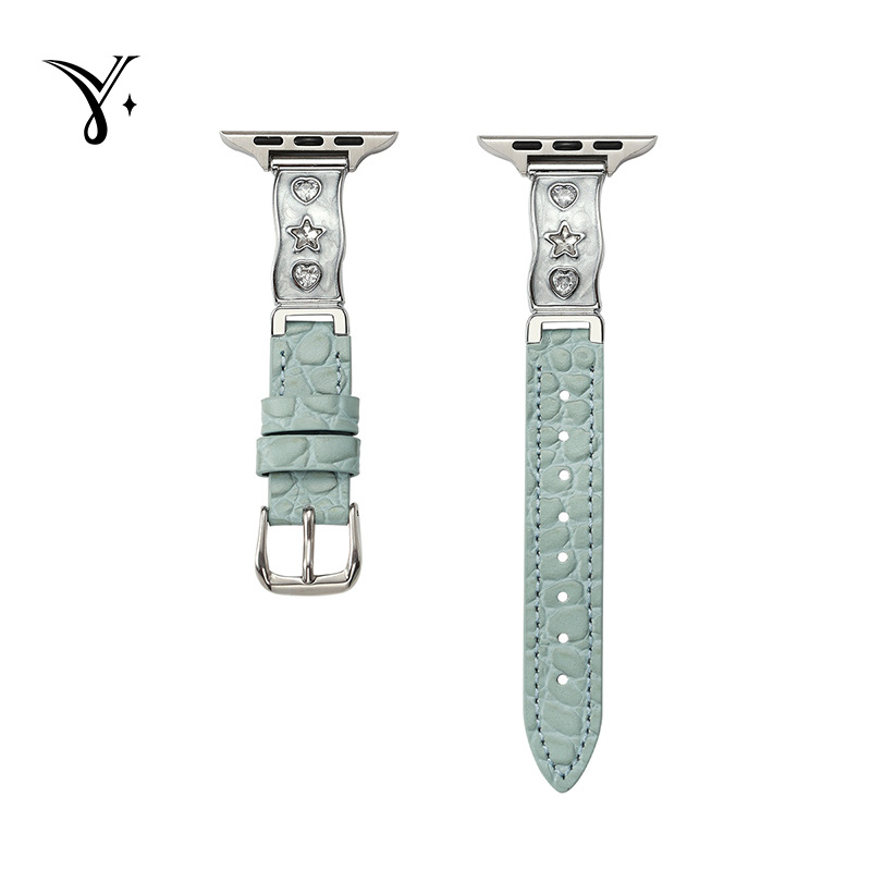 Apple Watch szíj valódi bőrből, csillag gyémánt díszítés, fémes kialakítás, tűs csatok, kompatibilis az Apple Watch-cel