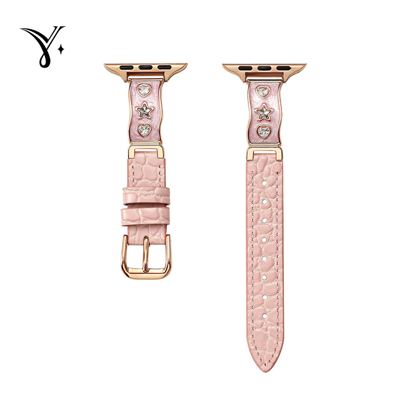 Apple Watch szíj valódi bőrből, csillag gyémánt díszítés, fémes kialakítás, tűs csatok, kompatibilis az Apple Watch-cel