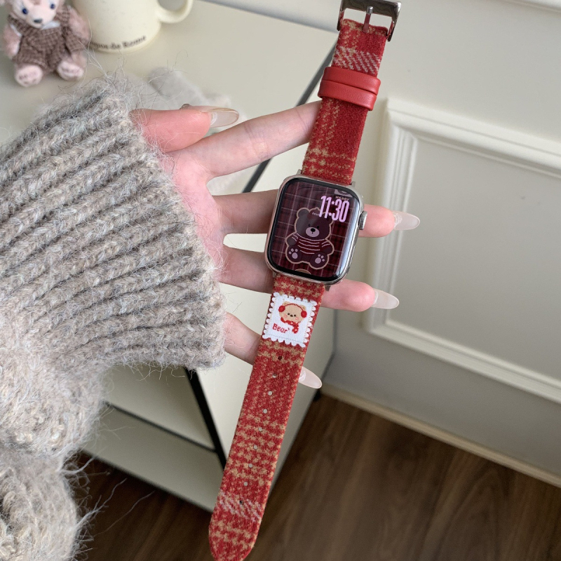 Curea de ceas Bear Woolen Leather pentru Apple Watch – interfață de 12mm, stil modern, compatibilă cu iWatch S10 S98Se Xiaomi 9Pro