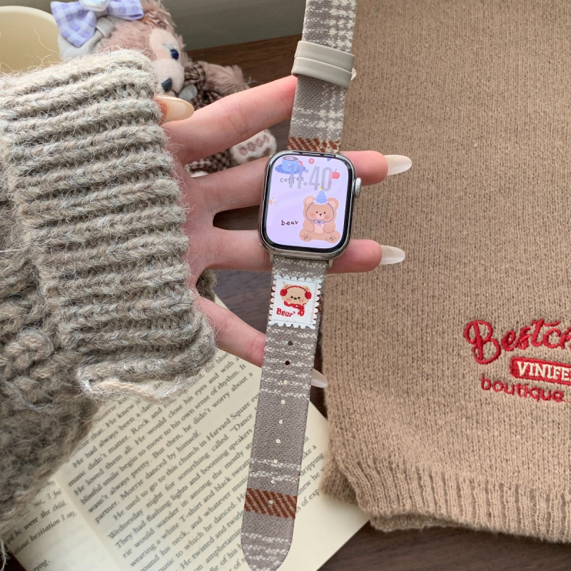 Curea de ceas Bear Woolen Leather pentru Apple Watch – interfață de 12mm, stil modern, compatibilă cu iWatch S10 S98Se Xiaomi 9Pro