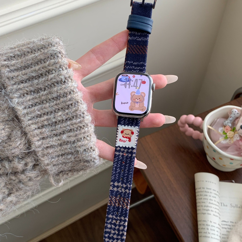 Curea de ceas Bear Woolen Leather pentru Apple Watch – interfață de 12mm, stil modern, compatibilă cu iWatch S10 S98Se Xiaomi 9Pro