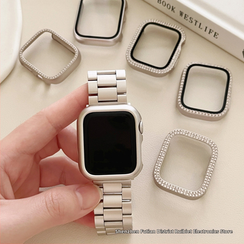 Ochranný kryt s krištáľmi pre Apple Watch, farba Starlight, kompletné krytie Series 9/8 a SE (iWatch 10. generácia)