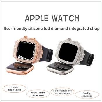 Deimantais įklijuotas apsauginis dėklas Apple Watch; lydinio korpusas ir silikoninis dirželis; suderinamas su Apple Watch Series 7/8 ir SE; svoris 65 g.