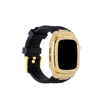 Deimantais įklijuotas apsauginis dėklas Apple Watch; lydinio korpusas ir silikoninis dirželis; suderinamas su Apple Watch Series 7/8 ir SE; svoris 65 g.