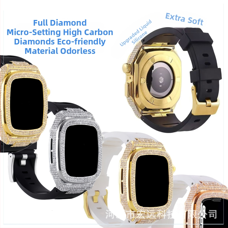 Diamentidega kaetud Apple Watch kaitseümbris; alumiiniumist korpus ja silikoonist rihm; ühilduv Apple Watch Series 7/8 ja SE; kaal 65 g.