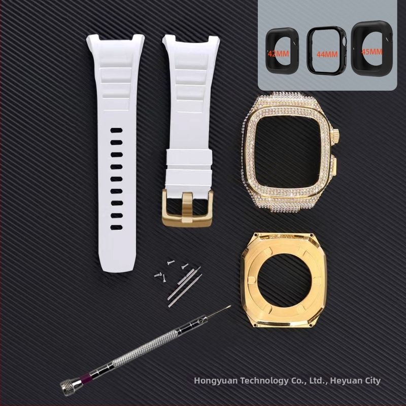 Diamentidega kaetud Apple Watch kaitseümbris; alumiiniumist korpus ja silikoonist rihm; ühilduv Apple Watch Series 7/8 ja SE; kaal 65 g.