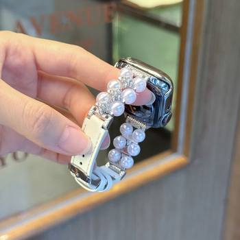 Remen za Apple Watch Show off: biser i koža, dvostruki red perli, kopča s iglom, moderan stil, kompatibilan s Apple Watch
