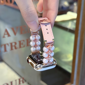 Remen za Apple Watch Show off: biser i koža, dvostruki red perli, kopča s iglom, moderan stil, kompatibilan s Apple Watch