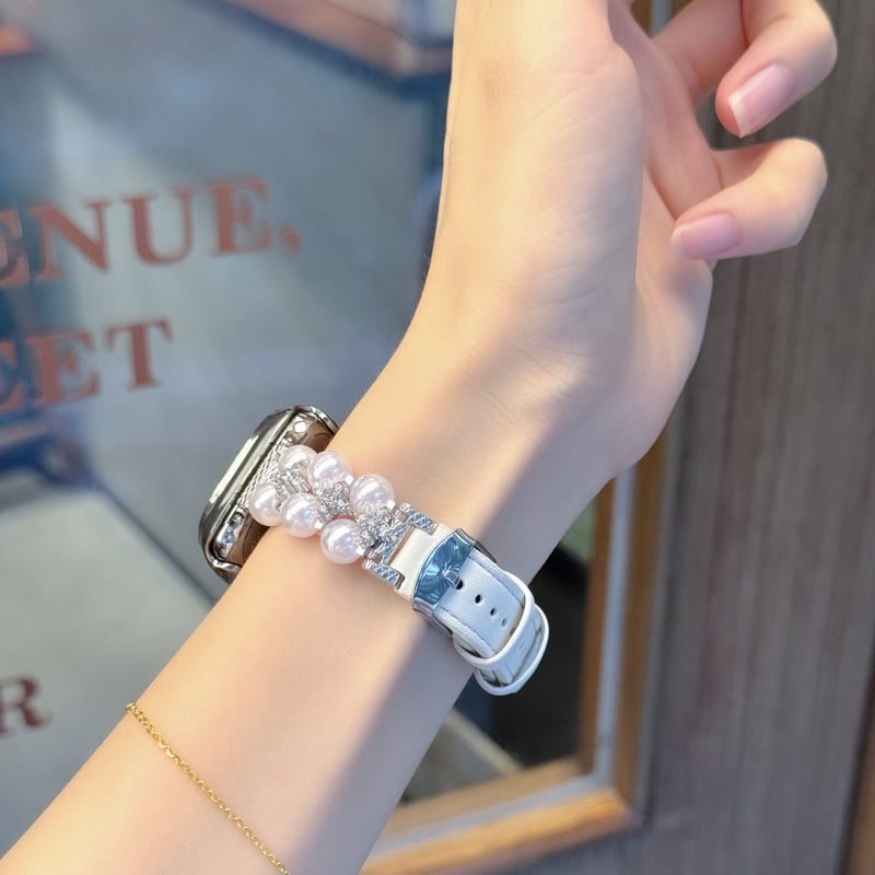 Remen za Apple Watch Show off: biser i koža, dvostruki red perli, kopča s iglom, moderan stil, kompatibilan s Apple Watch