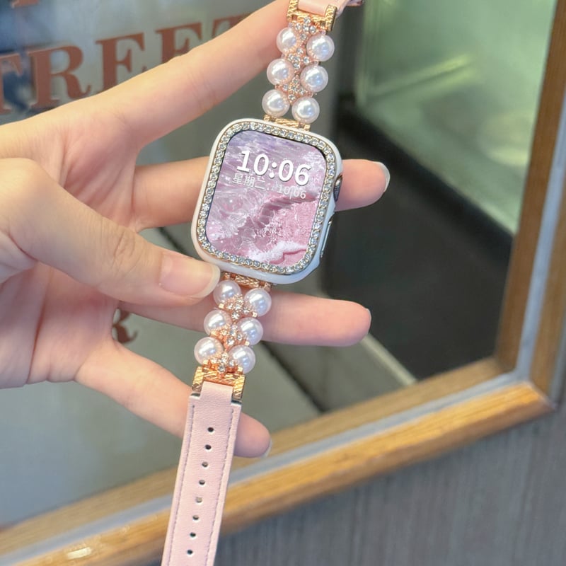 Remen za Apple Watch Show off: biser i koža, dvostruki red perli, kopča s iglom, moderan stil, kompatibilan s Apple Watch