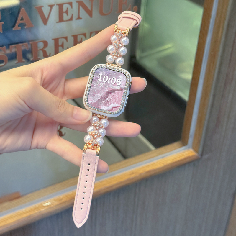 Remen za Apple Watch Show off: biser i koža, dvostruki red perli, kopča s iglom, moderan stil, kompatibilan s Apple Watch