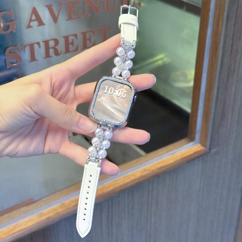 Remen za Apple Watch Show off: biser i koža, dvostruki red perli, kopča s iglom, moderan stil, kompatibilan s Apple Watch