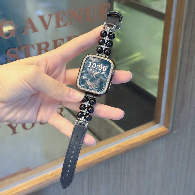 Remen za Apple Watch Show off: biser i koža, dvostruki red perli, kopča s iglom, moderan stil, kompatibilan s Apple Watch