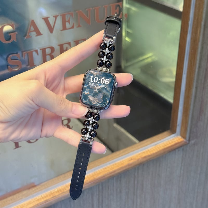 Remen za Apple Watch Show off: biser i koža, dvostruki red perli, kopča s iglom, moderan stil, kompatibilan s Apple Watch