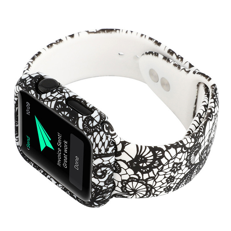 Apple Watch защитна кутия с леопардов мотив и дантела — силикон+PC, 22 мм прав интерфейс, силиконов ремък, съвместим с 135792