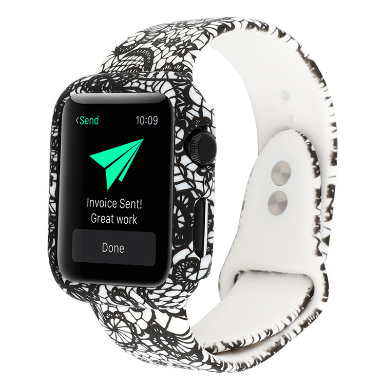 Apple Watch защитна кутия с леопардов мотив и дантела — силикон+PC, 22 мм прав интерфейс, силиконов ремък, съвместим с 135792