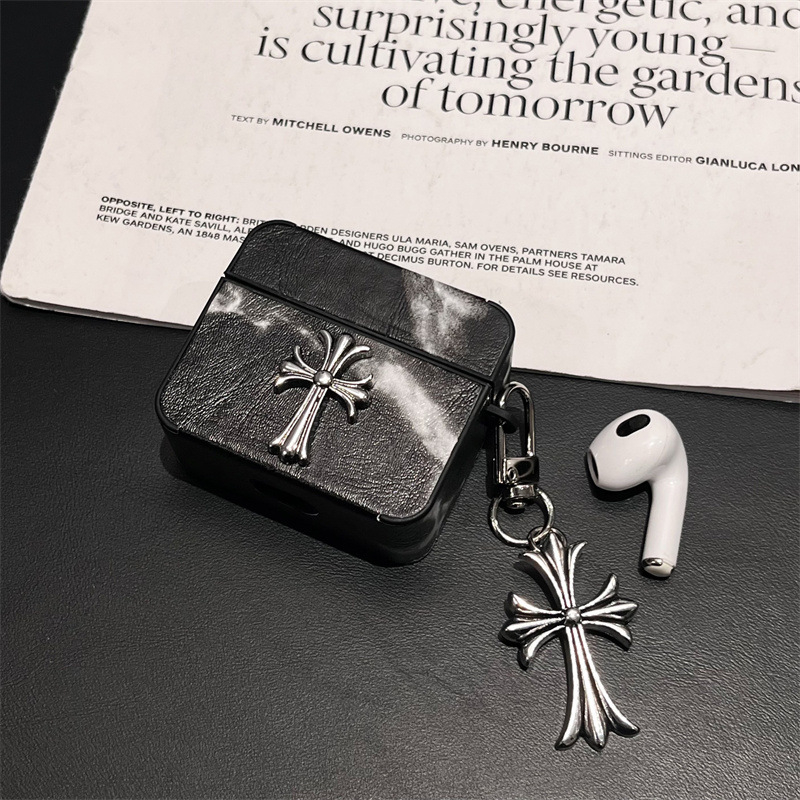 Kućište za AirPods 4 / Pro 3 s križnim dizajnom, umjetna koža, ručna izrada, univerzalno kompatibilno s Apple, tekstualni motiv