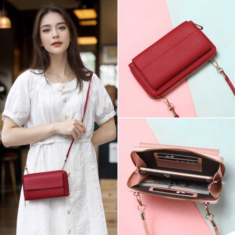 Ženská PU crossbody taška na telefón so zipsom, veľký priečinok na bankovky, horizontálny štvorcový tvar