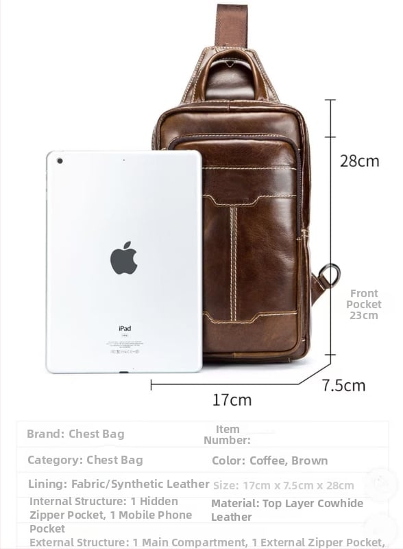 Мъжка чанта за гърдите от естествена кожа, първи слой телешка кожа, устойчива на износване, едноцветна, подплата полиестер