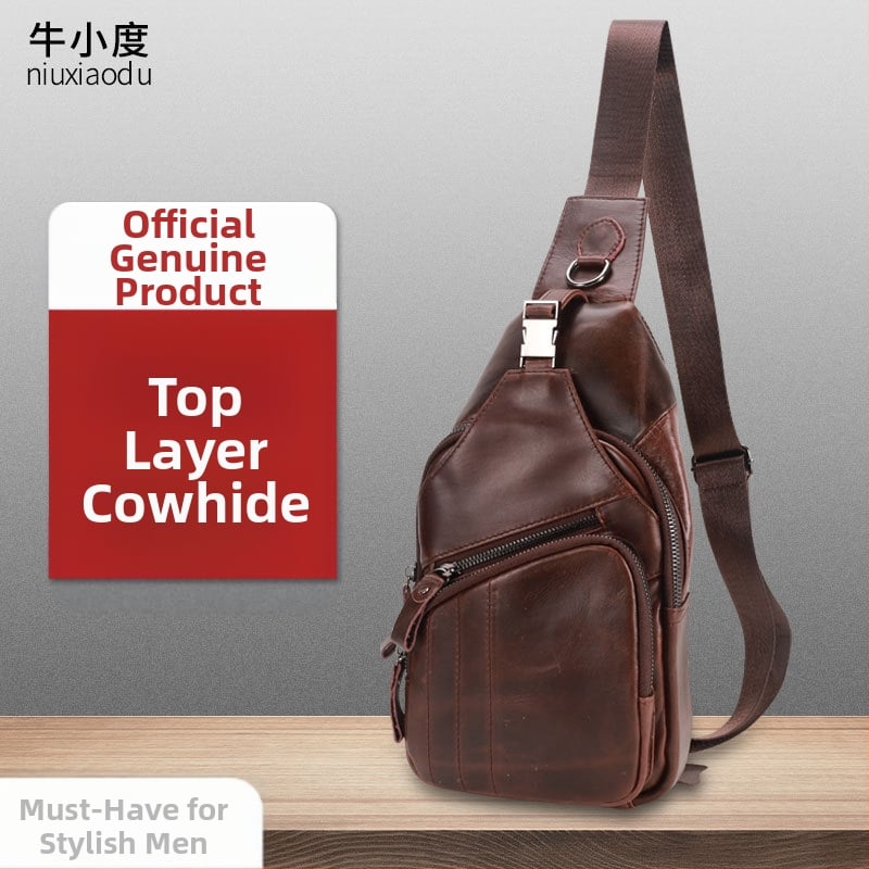 Мъжка чанта за гърдите от естествена кожа, първи слой телешка кожа, устойчива на износване, едноцветна, подплата полиестер