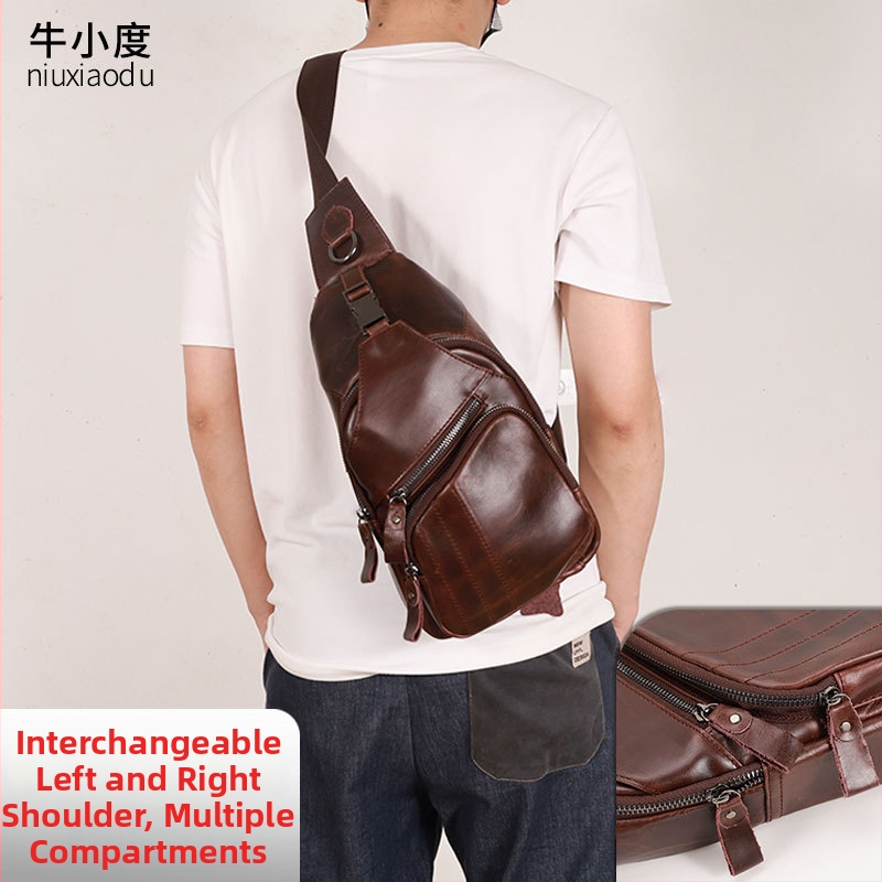 Мъжка чанта за гърдите от естествена кожа, първи слой телешка кожа, устойчива на износване, едноцветна, подплата полиестер