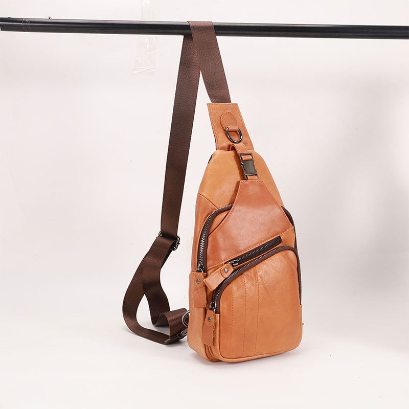 Мъжка чанта за гърдите от естествена кожа, първи слой телешка кожа, устойчива на износване, едноцветна, подплата полиестер