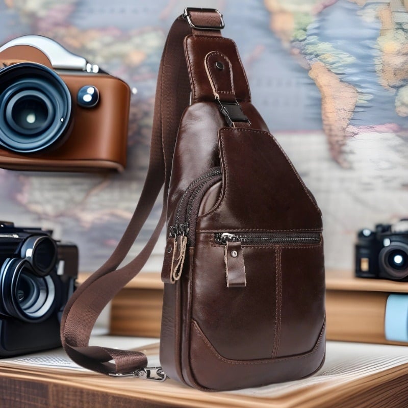 Мъжка чанта за гърдите от естествена кожа, първи слой телешка кожа, устойчива на износване, едноцветна, подплата полиестер