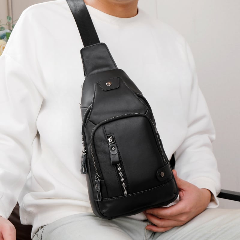 Мъжка чанта за гърдите от естествена кожа, първи слой телешка кожа, устойчива на износване, едноцветна, подплата полиестер