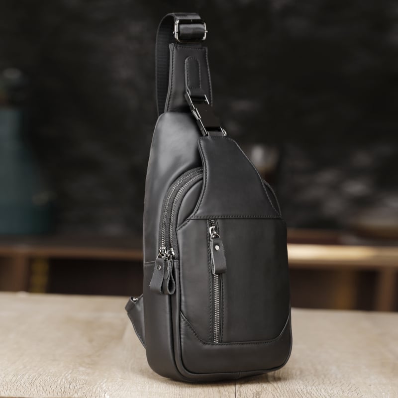 Мъжка чанта за гърдите от естествена кожа, първи слой телешка кожа, устойчива на износване, едноцветна, подплата полиестер