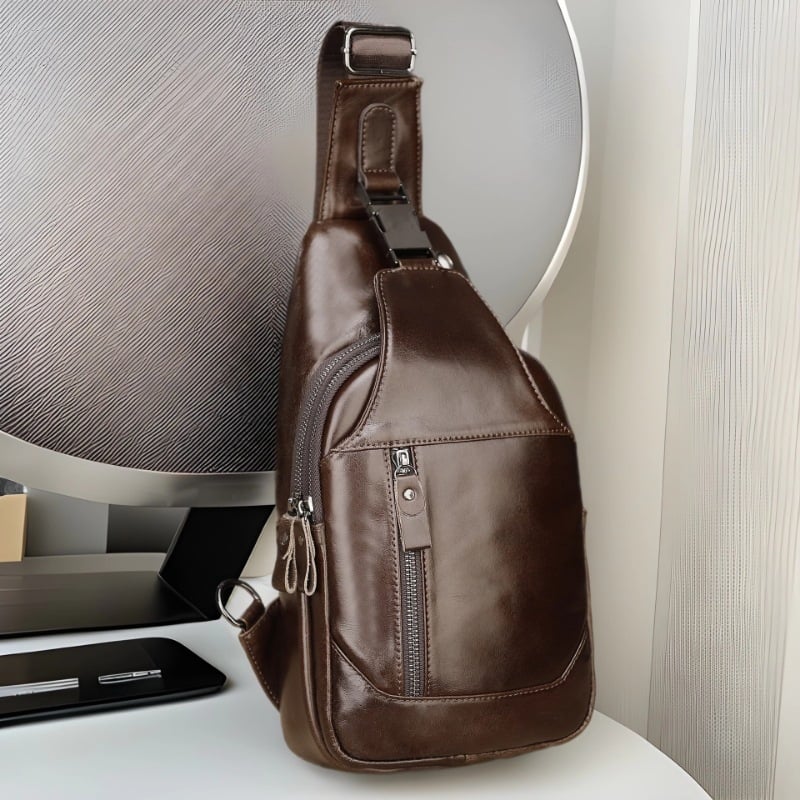 Мъжка чанта за гърдите от естествена кожа, първи слой телешка кожа, устойчива на износване, едноцветна, подплата полиестер