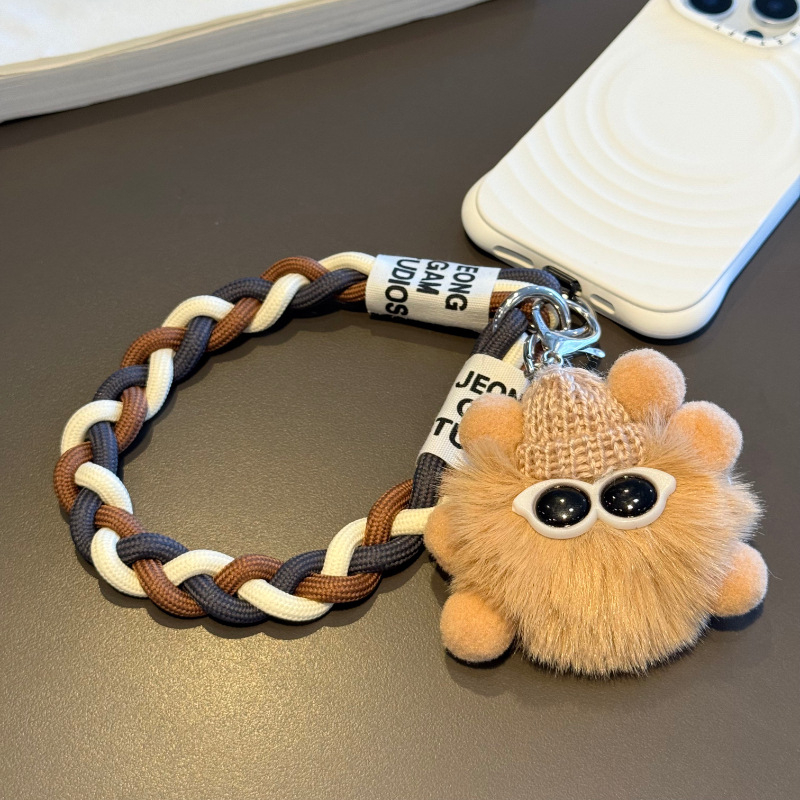 Șnur de telefon pentru femei, minge plușată în formă de cărbune, sfoară țesută din trei fire PP, lanț de telefon durabil cu cataramă din plastic
