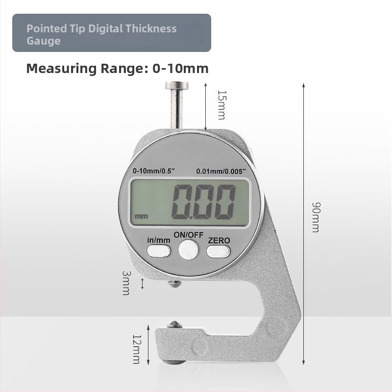 Elektroniskais digitālais biezuma mērinstruments ar augstu precizitāti — mikrometra kalibrators ar plakano un šauru galu, paredzēts stikla, papīra un lokšņu materiālu biezumam